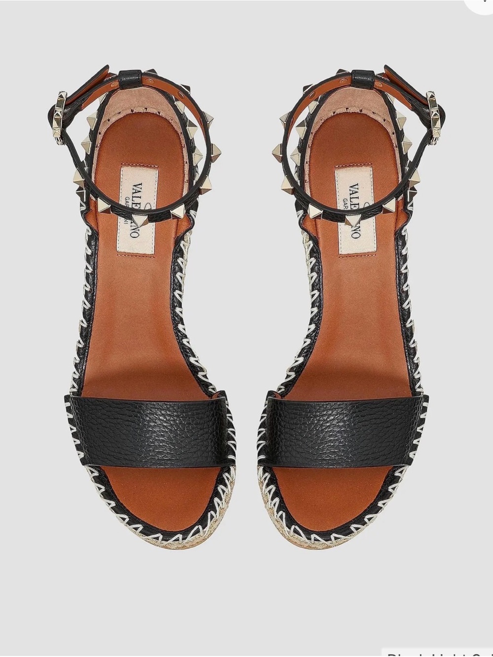 Valentino Garavani Black Leather Studded Espadrille Wedge Sandals - Picture 2 of 8
